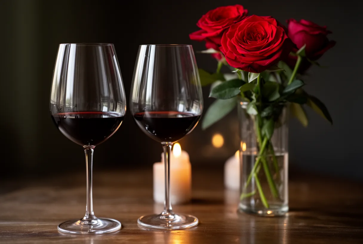 Deux verres de vin et un bouquet de roses rouges sur une table dressée aux chandelles